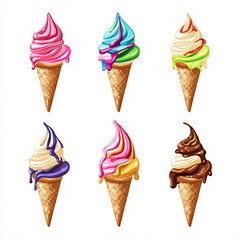 Sweet Indulgence: A vibrant array of artistically crafted ice cream cones, each uniquely swirled with an explosion of colorful flavors, enticing with its playful presentation.