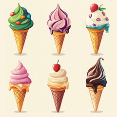 Cones of Delight: A collection of vibrantly colored ice cream cones showcases an array of tempting flavors, perfect for summer joy and dessert