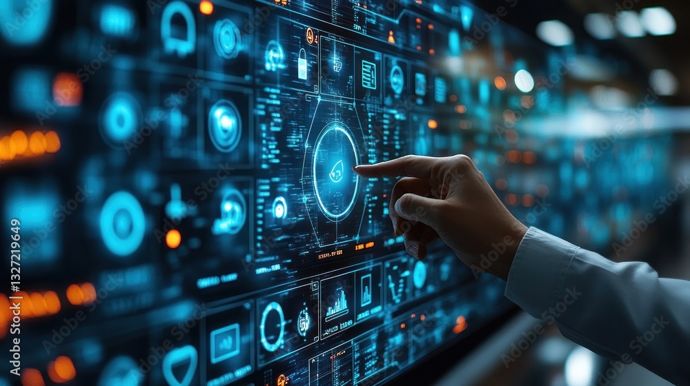 Poster futuristic technology interface: a hand interacting with a complex digital dashboard