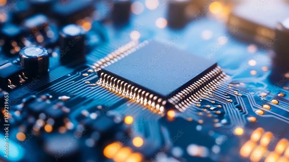 Poster Closeup view of a microchip on a circuit board with glowing electronics and intricate details : Generative AI