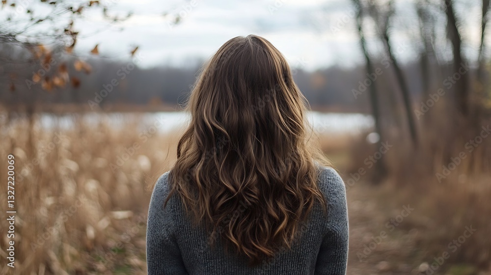 Aufkleber Woman standing with back to camera in a serene natural setting by the water and trees : Generative AI