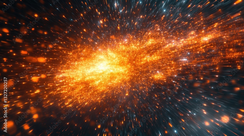 Poster abstract burst of orange and gold particles, dynamic cosmic explosion