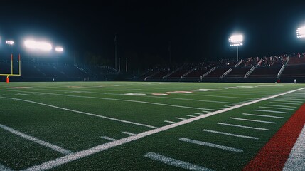 Nighttime football stadium with glowing field lights and a blurred crowd backdrop, capturing the energy of the game.
