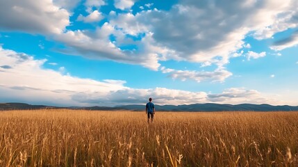 Man Walking Through Golden Wheat Field Under Dramatic Clouds and Blue Sky : Generative AI