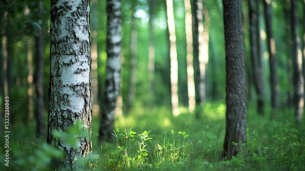 Poster peaceful nature scene showcasing birch and pine trees in a sunlit forest : generative ai