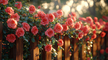 rustic wooden fence covered in climbing roses with vibrant pink blooms, bathed in warm sunlight, creates serene and picturesque garden scene