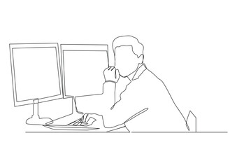 Continuous one line drawing works at once for two computers, his hand on a computer mouse.