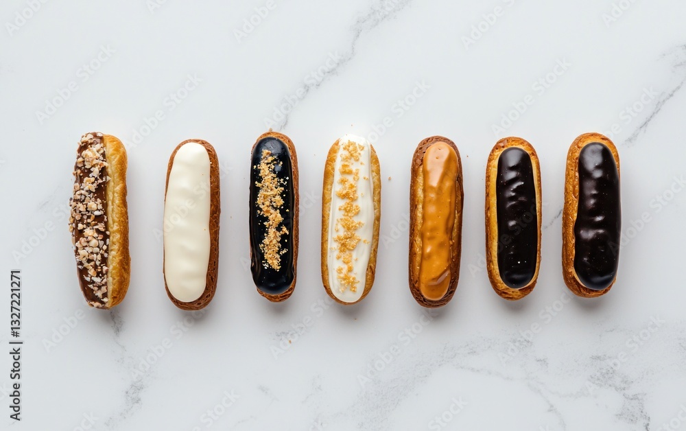 Poster overhead shot of seven colorful eclairs arranged in a row on a marble surface. each pastry features 