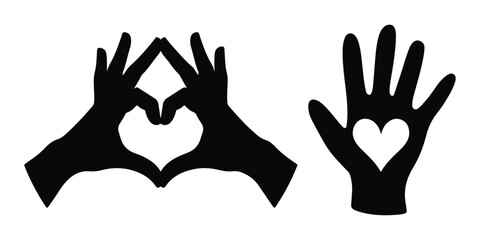 Fototapeta premium Two hands forming a heart shape and a hand holding a heart, simple silhouette design.