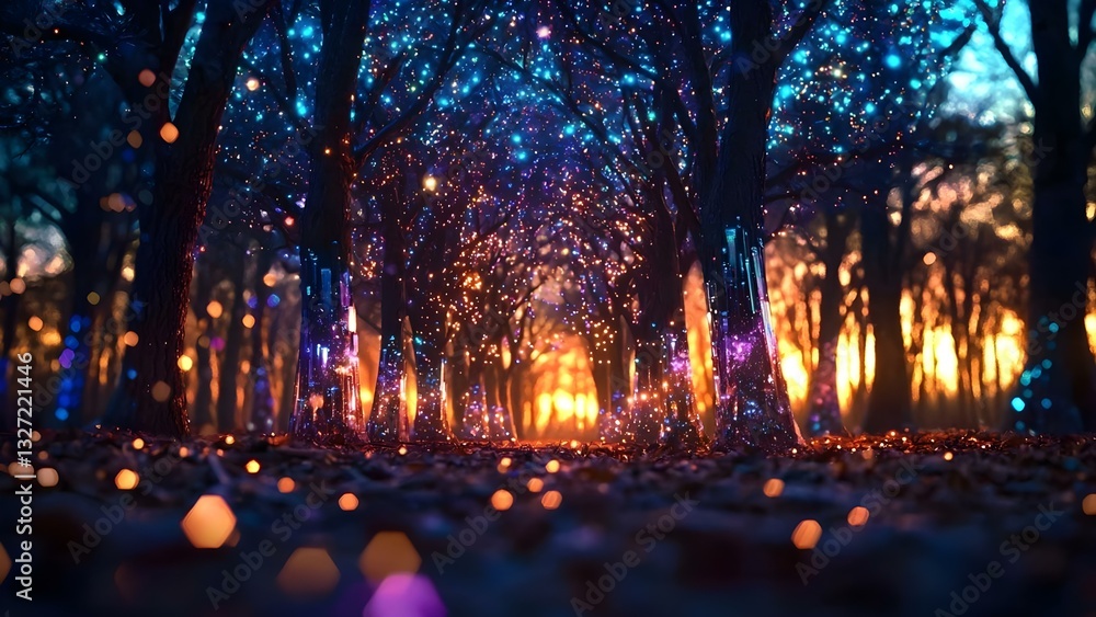 Poster a magical forest scene with colorful lights and sparkling elements, illuminated by a warm sunset in 