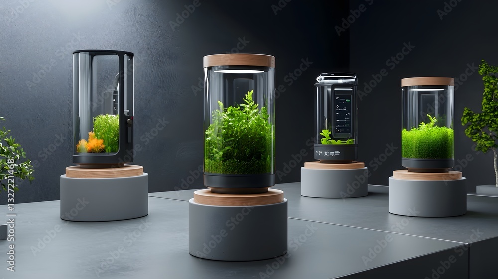 Poster experimental bioreactor cultivating vibrant microalgae colonies consuming atmospheric co2 in high te