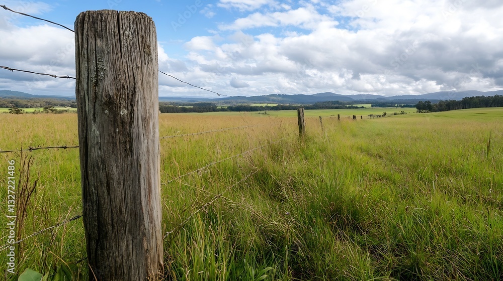 Poster serene rural landscape with wooden fence post and expansive green fields under a cloudy sky : genera