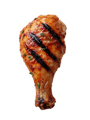 A grilled chicken drumstick with grill marks and a touch of green herbs, its skin glistening, making it an inviting food choice.