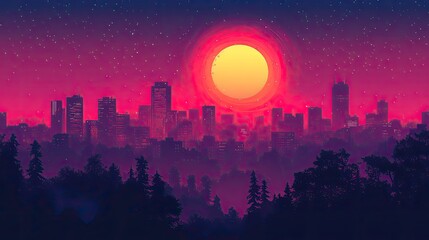 Fototapeta premium Cityscape at sunset with forest. Artistic digital illustration of city at dusk. Possible use Backgrounds, social media post, prints