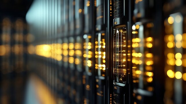 Modern Data Center Featuring Rows of Servers with Illuminated Lights : Generative AI