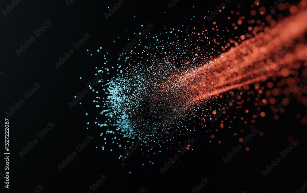 Poster abstract image of blue and red particles exploding and spreading across a black background. the part