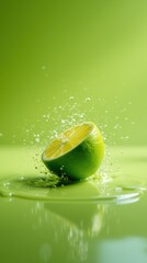 Splashing Lime With Droplets Against a Vibrant Green Background Creates a Refreshing Scene