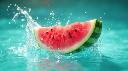 Watermelon Slice Splashes Into a Bright Blue Pool on a Sunny Day During Summer Fun