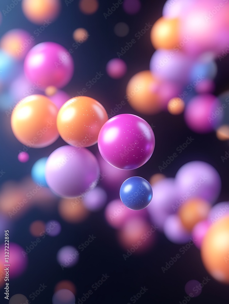 Poster astract colored spheres in levitation with depth of field and soft glow