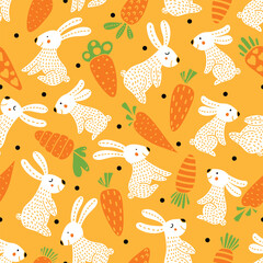 Cute rabbits and carrots. Seamless template can be used for wallpapers, fill templates, web pages backgrounds, surface textures