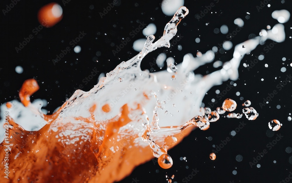Poster abstract image of a dynamic splash of orange and white liquid against a black background. the liquid