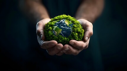 Hands tenderly cradling a thriving spherical world with intricate details of verdant continents and azure oceans