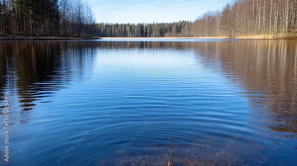 Poster serene calm lake surrounded by trees reflecting in tranquil water on a sunny clear day : generative 