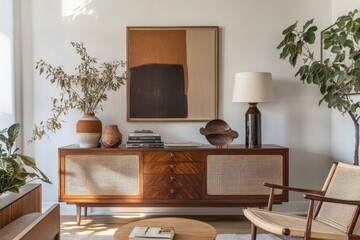 Fototapeta premium Modern living room interior design featuring mid-century cabinet, art, and plants