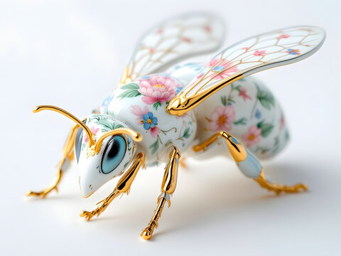 Porcelain bee decorated with floral motifs on a white background with gold legs
