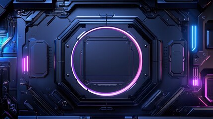 Futuristic Tech Background with Neon Lights and Circular Panel, Symbolizing Innovation and Modernity. Perfect for Sci-Fi Designs, Gaming Interfaces, Tech Presentations, and Cyberpunk Art.