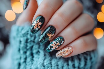 A woman's nails dressed up with unique and pretty nail art.