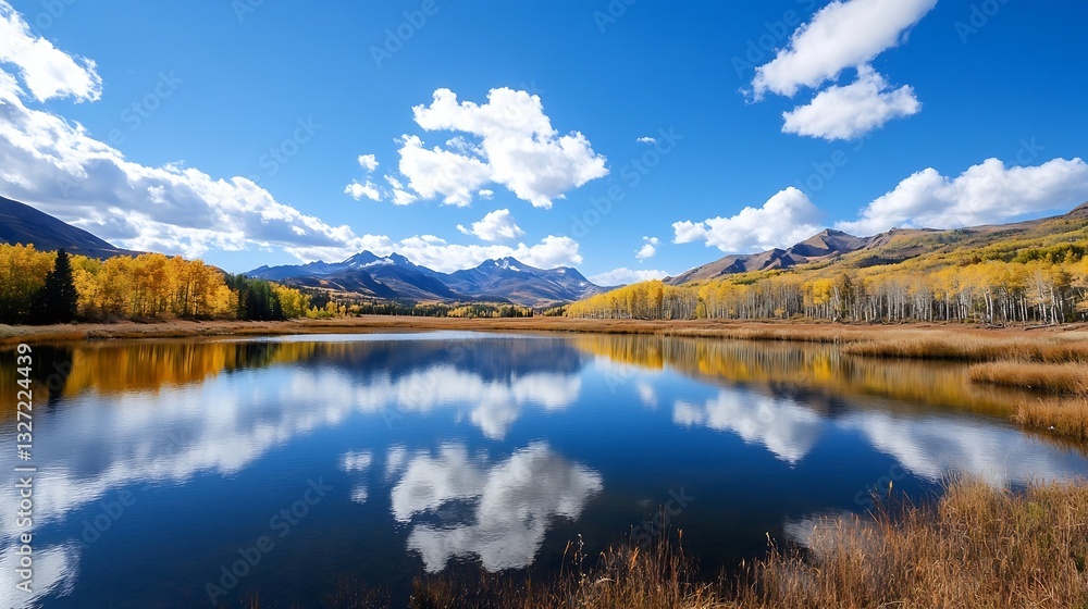 Poster stunning landscape view of autumn trees reflecting in a tranquil lake under a bright blue sky : gene