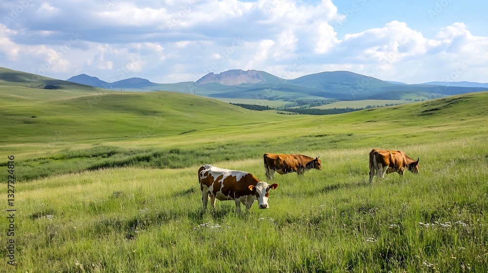 Poster tranquil green pasture with grazing cows against a backdrop of rolling hills and blue sky : generati