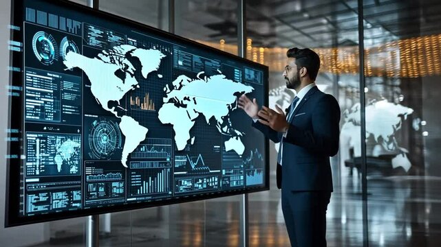 Businessman presenting global data analytics on interactive touch screen display