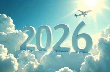 Happy New Year 2026, volumetric numbers of the year from white clouds in the blue sky and an airplane flying in the sky