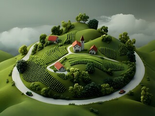 Lush and verdant regenerative farmland with a diverse polyculture of thriving crops set against a picturesque pastoral landscape showcasing the beauty and sustainability of organic farming methods