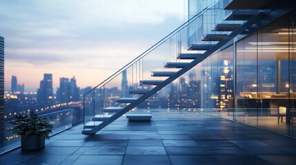 Obraz premium Modern Penthouse Cityscape: Glass Staircase & Evening Skyline