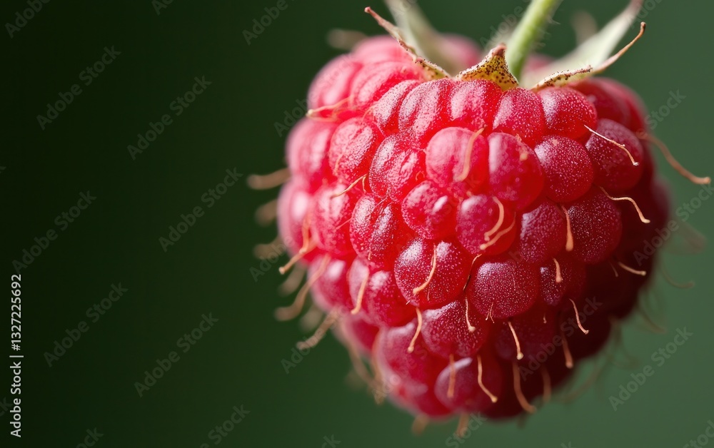 Poster close-up of a single ripe red raspberry on a dark green background. the raspberry's texture and deta