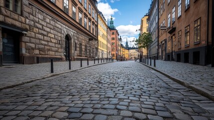 Fototapeta premium Historic cobblestone street scene stockholm urban photography daylight low angle tranquil atmosphere