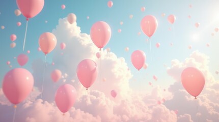 Colorful Balloons Floating Among Fluffy Clouds on a Sunny Day in the Sky