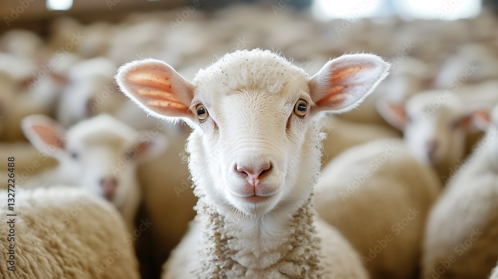 Poster Adorable sheep looking directly at the camera with soft focus background of flock : Generative AI
