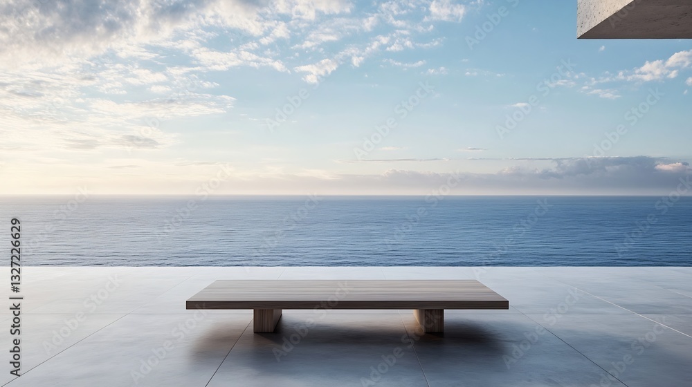 Poster minimalist table overlooking the ocean with a calm horizon and serene water at sunset : generative a