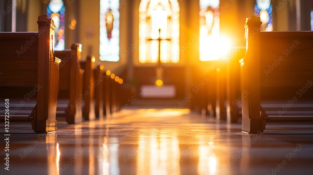 Poster a serene view of church pews illuminated by golden sunlight streaming through stained glass windows 