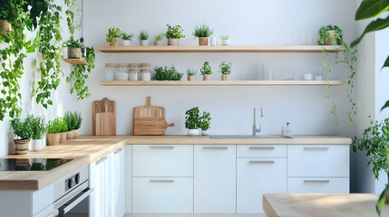 Fototapeta premium A modern kitchen bathed in natural light, features verdant greenery adding a touch of freshness
