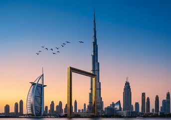 Dubai skyline at sunset, United Arab Emirates. Dubai is the fastest growing city in the world. 
