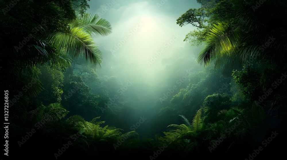 Poster lush verdant forest with towering trees and a vibrant diverse canopy dappled sunlight filters throug