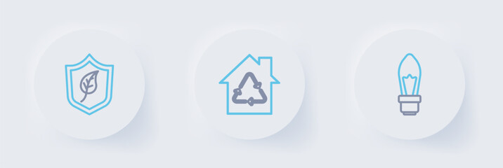 Set line Light bulb, Eco House with recycling and Shield leaf icon. Vector