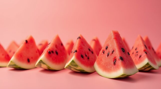 Freshly Cut Watermelon Pieces Arranged Neatly on a Pink Background for a Vibrant Display