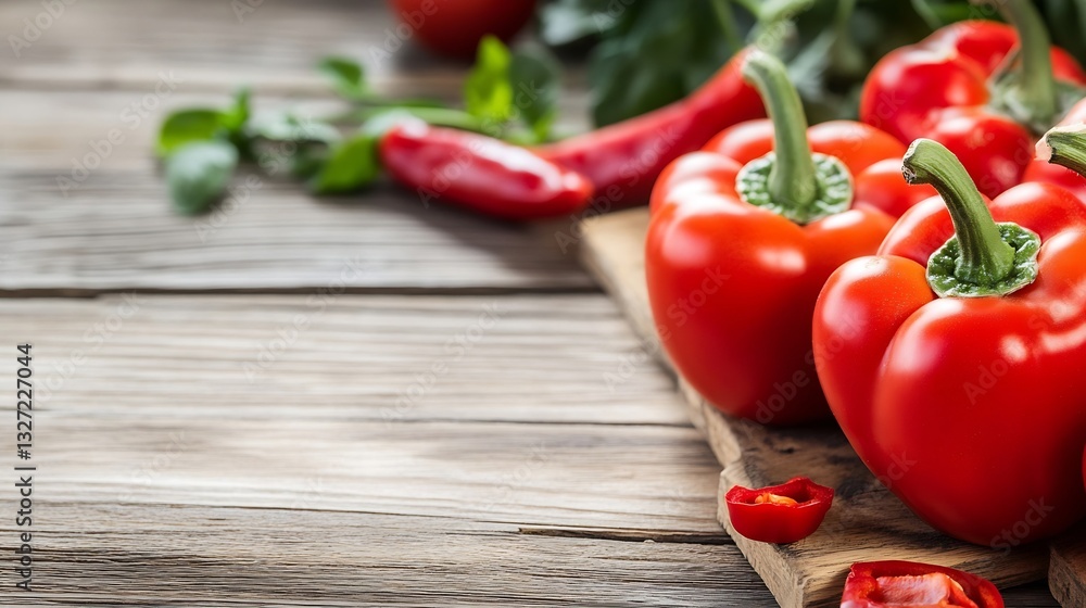 Poster fresh ripe red bell peppers and chili peppers on a rustic wooden table ready for cooking : generativ