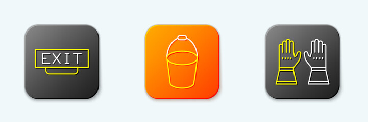Set line Fire exit, bucket and Firefighter gloves icon. Vector